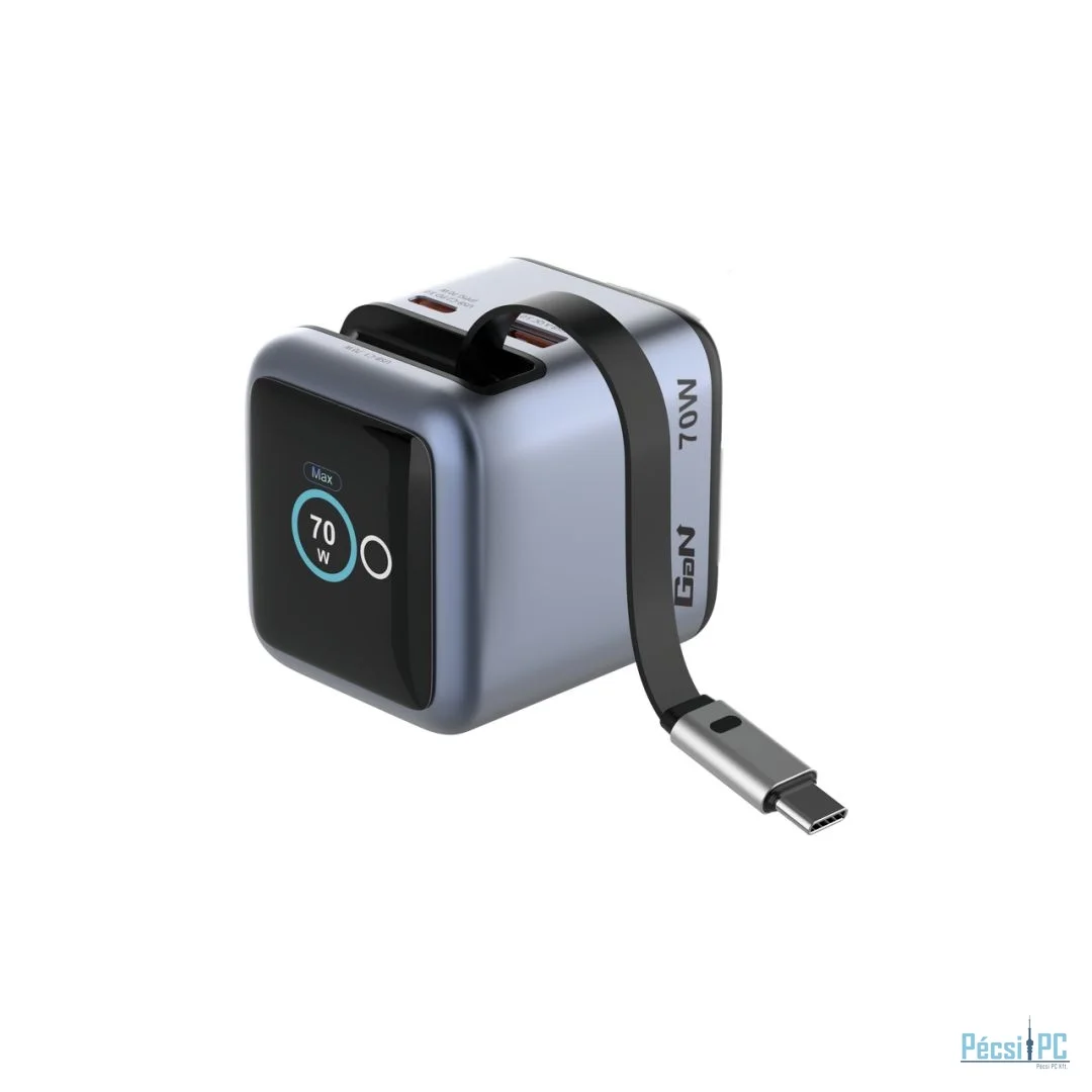 Verbatim Mini GaN Charger 70W Retractable USB-C Cable & Display Grey